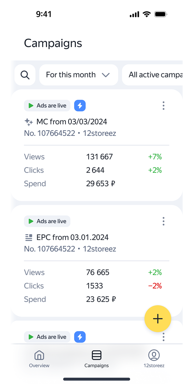 Account overview with balance