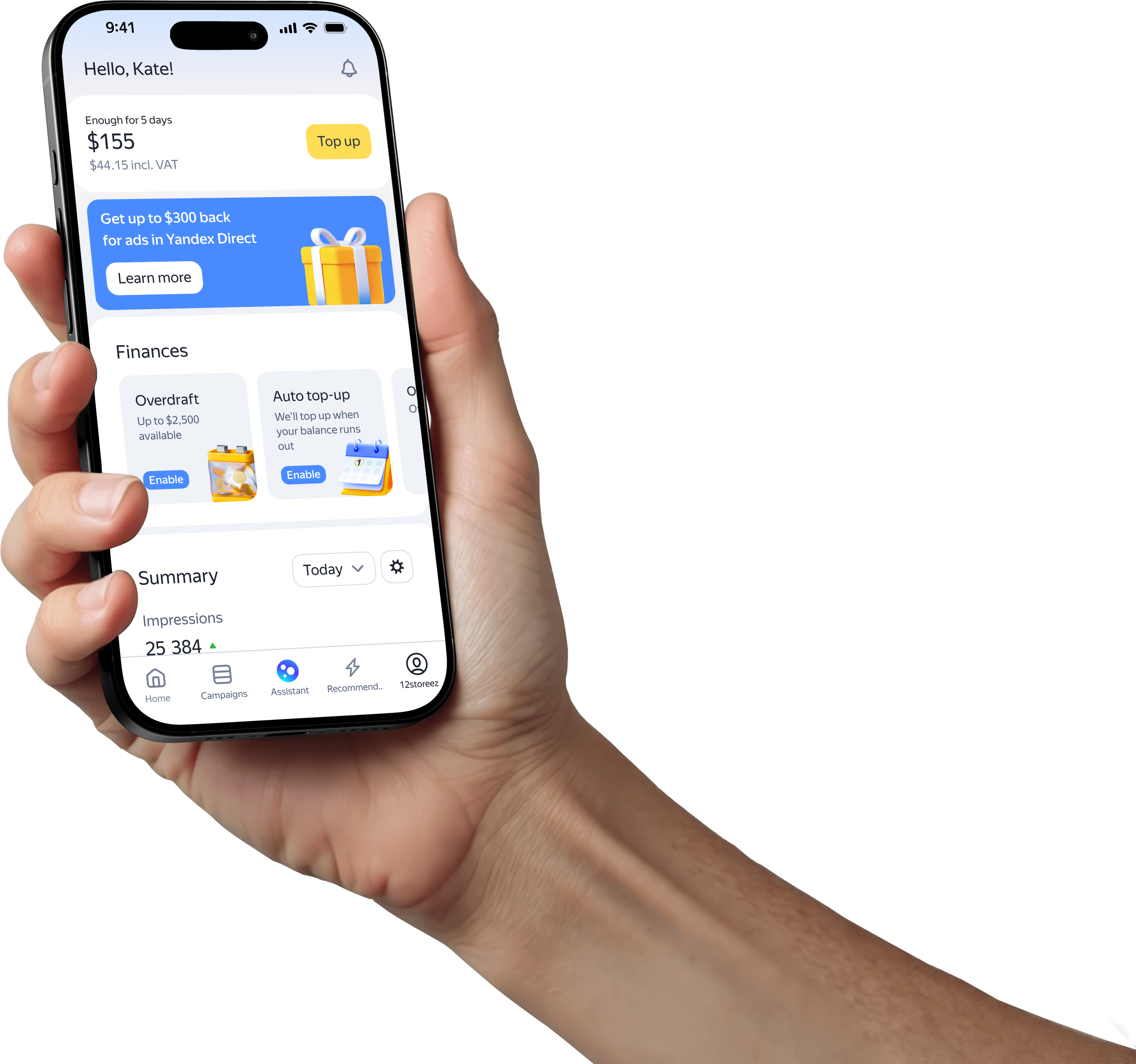 A hand holding a phone with the Direct app open on it: the balance, a cashback offer and the campaign summary