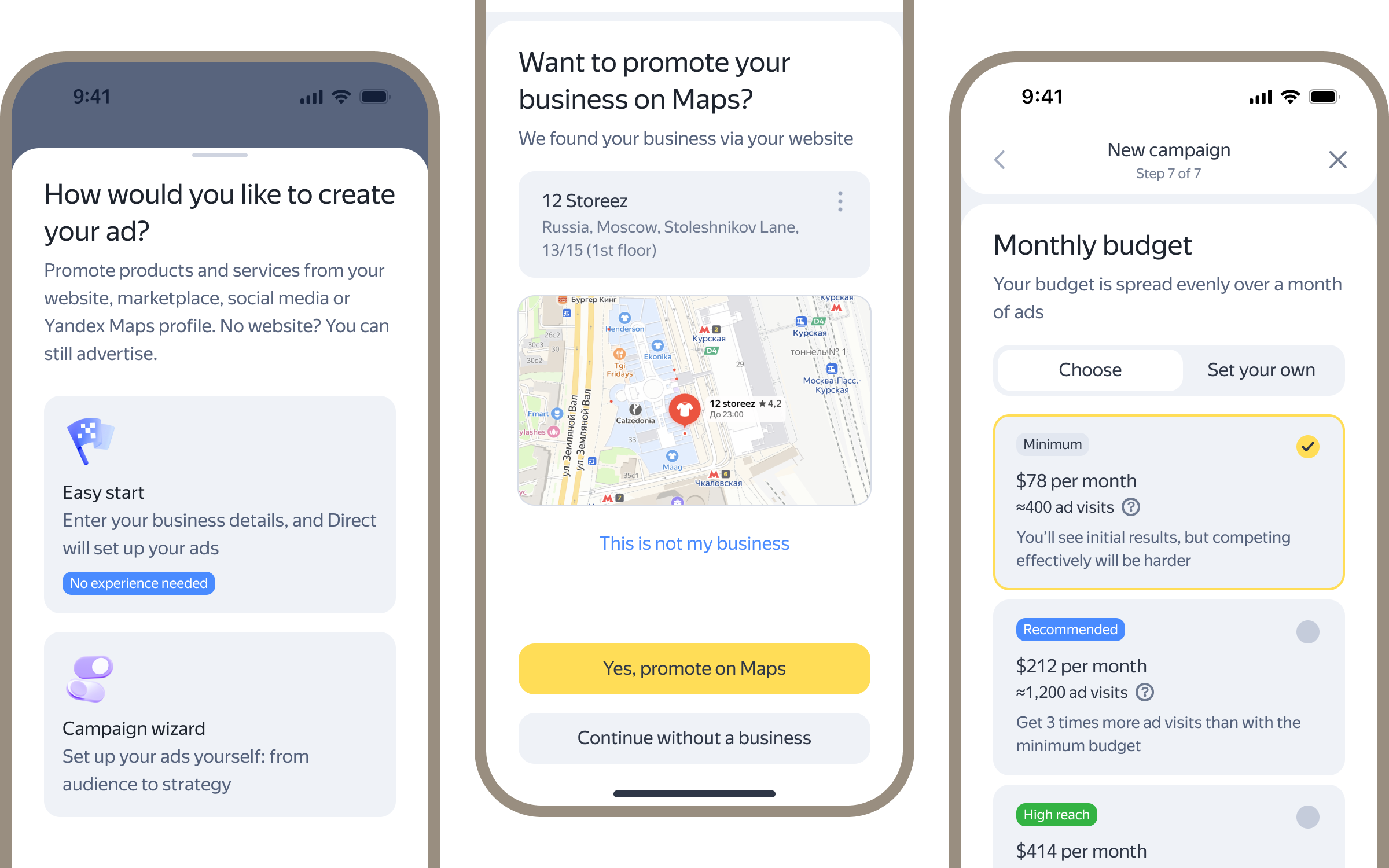 Three screens of the Direct app: choosing how to create an ad, promoting a business on Maps, and picking a monthly budget