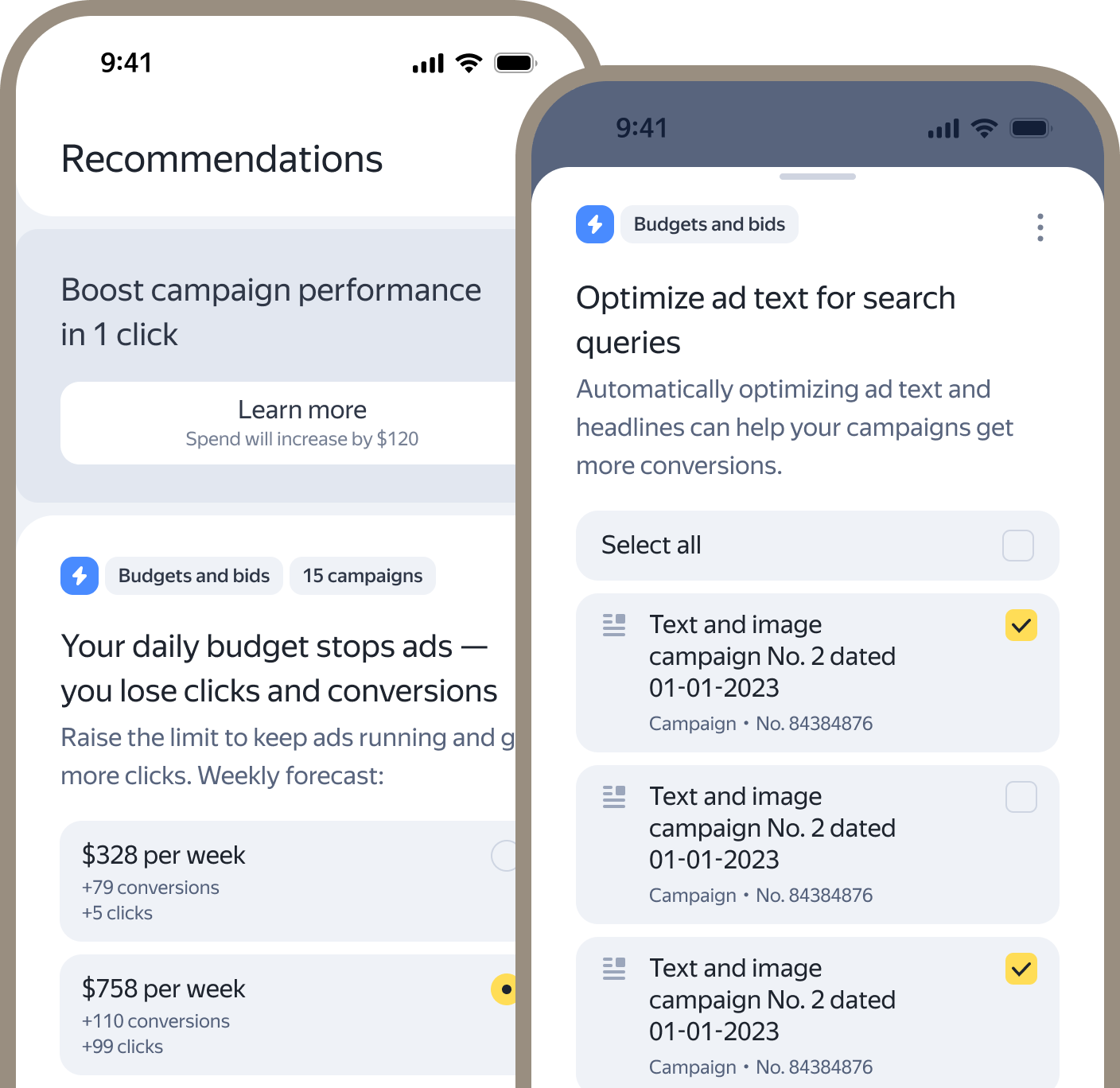 Two screens of the Direct app: the list of recommendations, and one of them opened on optimising ad text