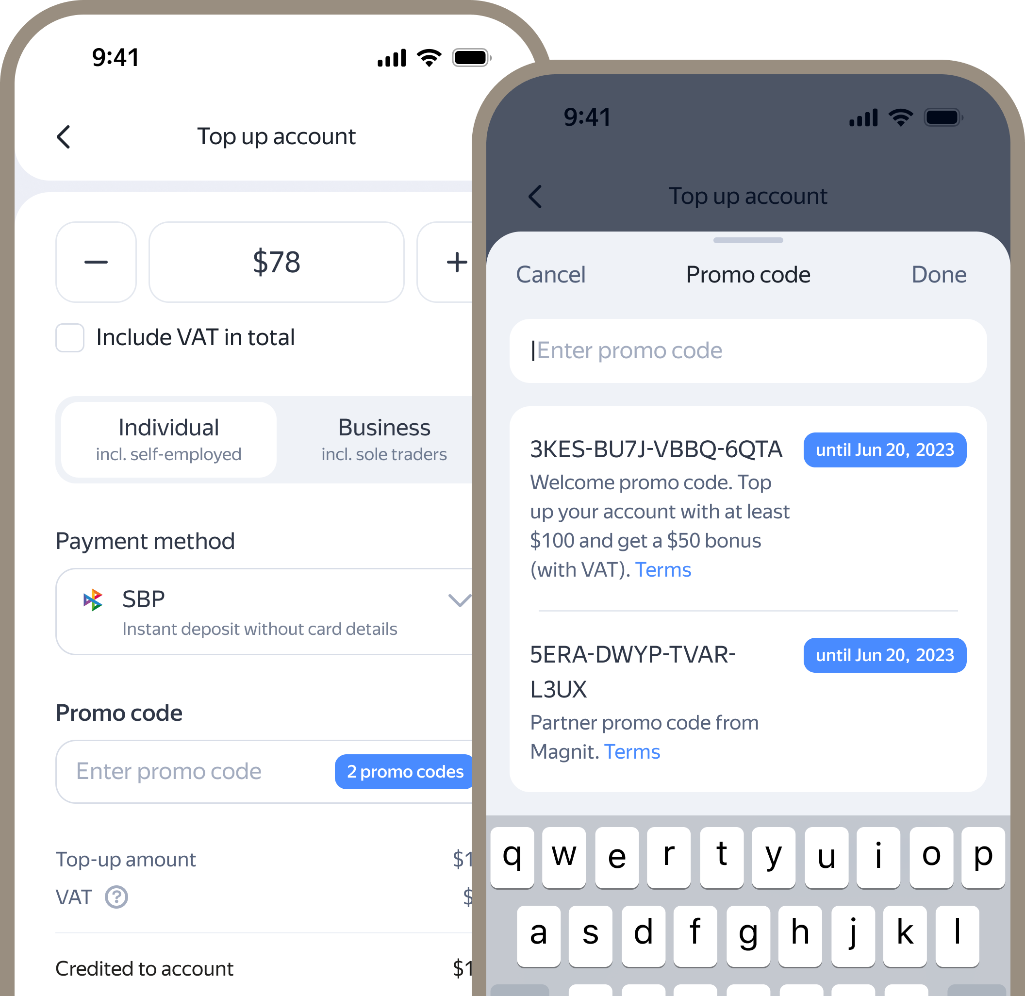 Two screens of the Direct app: topping up the account, and the promo codes available for it