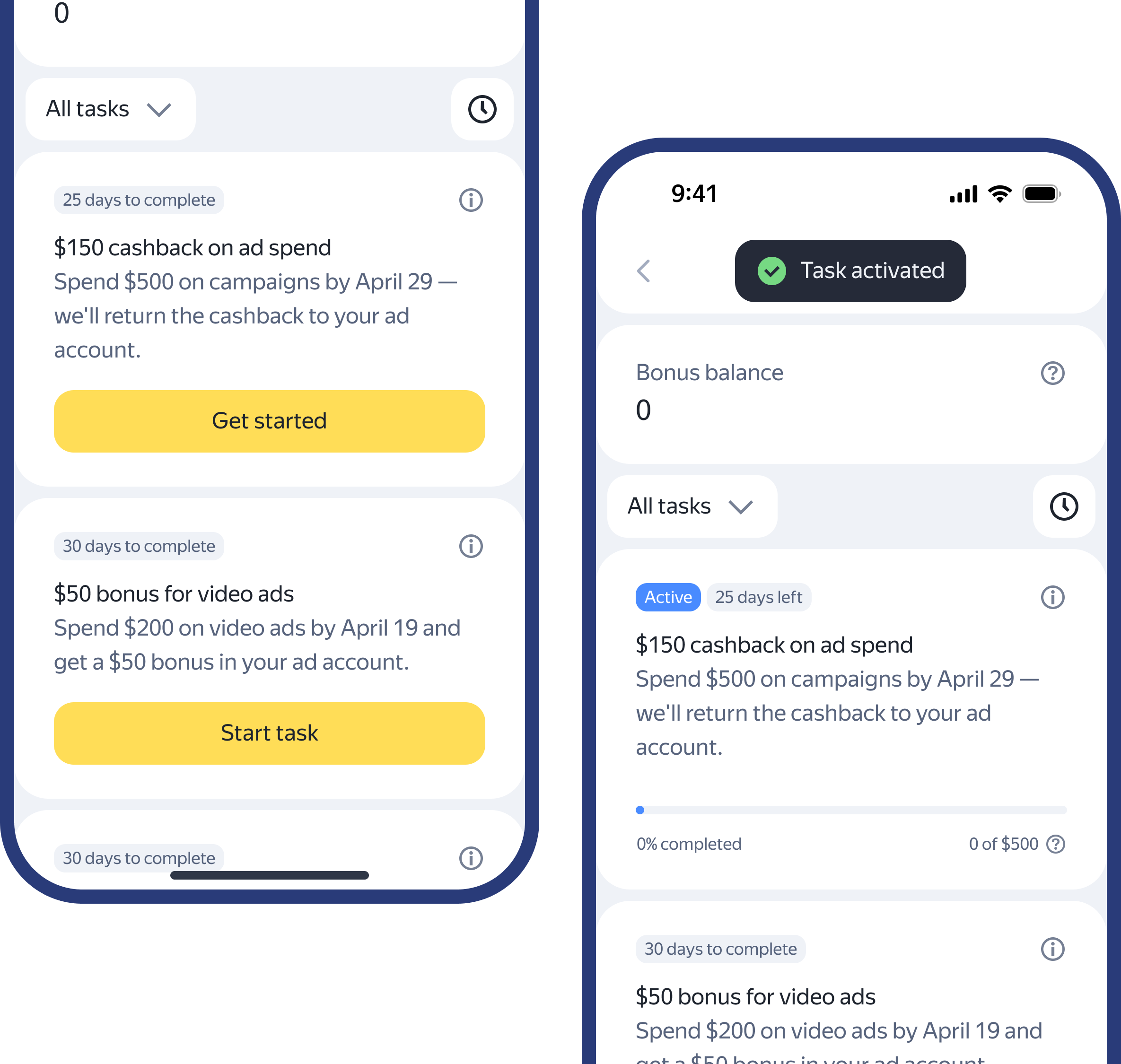 The bonus programme on mobile — budget, tasks and a reward notification