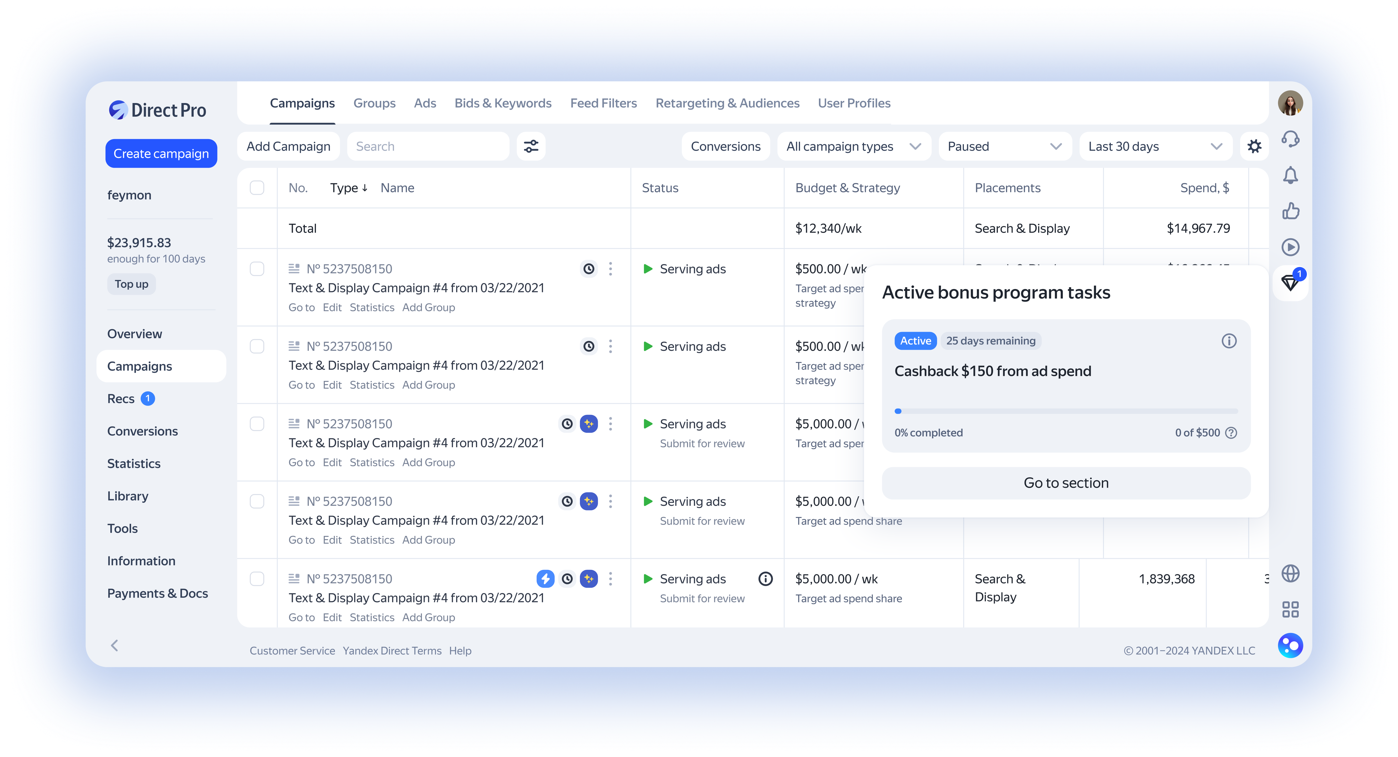 The campaigns table in Direct Pro with the bonus widget in the sidebar
