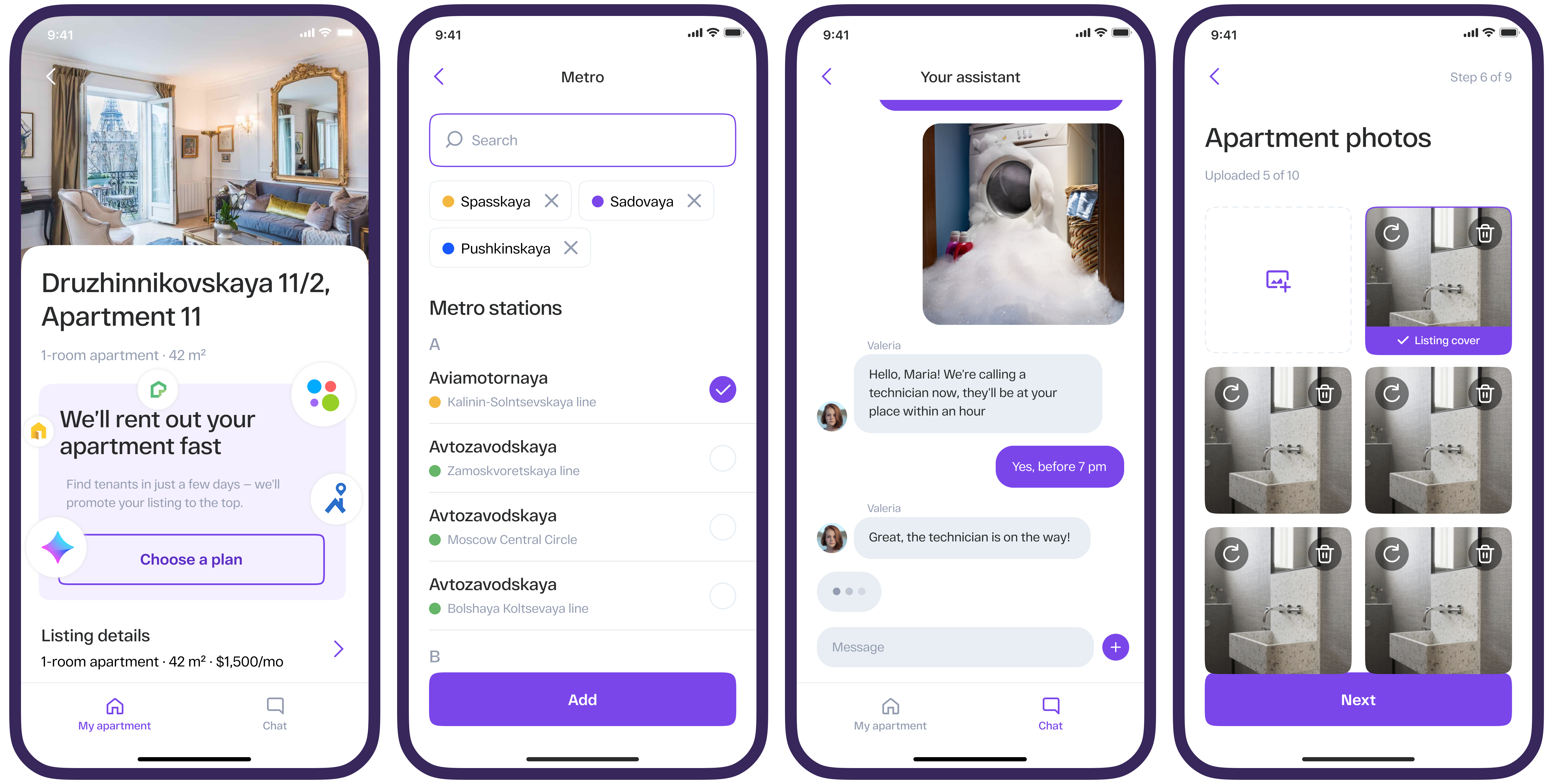Four screens of the rental app: a listing, choosing metro stations, a chat with the assistant, and uploading apartment photos